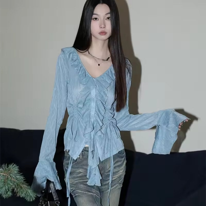 2024 Spring Autumn Collection Casual Style Simple Color Block Korean Comfortable Long Sleeve Blue Stripe Sweatshirt